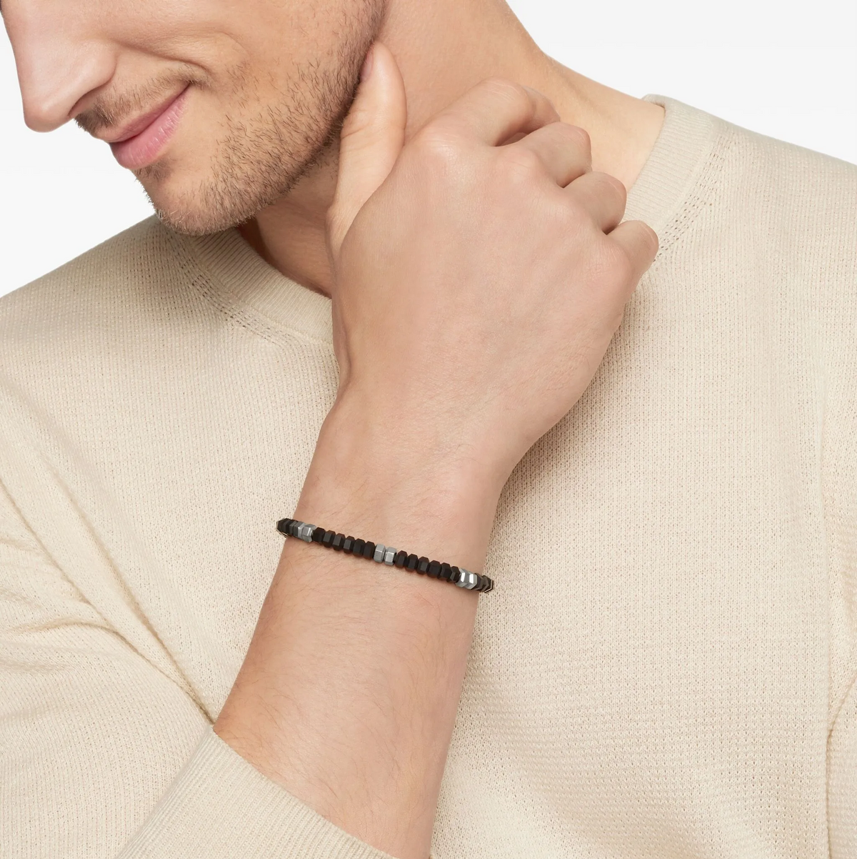 Black Agate hexagonal bead bracelet with stainless steel accents, stylish T.M.J beaded jewelry for men or women.