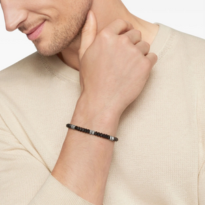 Black Agate hexagonal bead bracelet with stainless steel accents, stylish T.M.J beaded jewelry for men or women.