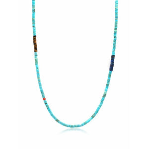 Caribbean Collection turquoise heishi necklace with tiger eye and blue lapis beads, featuring natural stone details by T.M.J.
