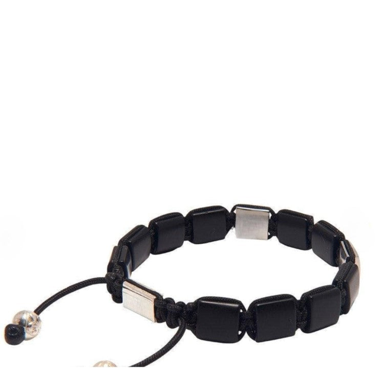 T.M.J Eye of Dharma flatbead bracelet with matte onyx and silver beads, featuring a stylish beaded design for jewelry collection.