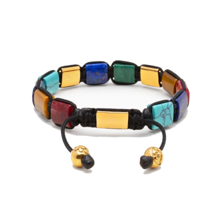 T.M.J Eye of Dharma flat bead bracelet with turquoise, tiger eye, lapis lazuli stones and gold accents, showcasing a stylish jewelry design.