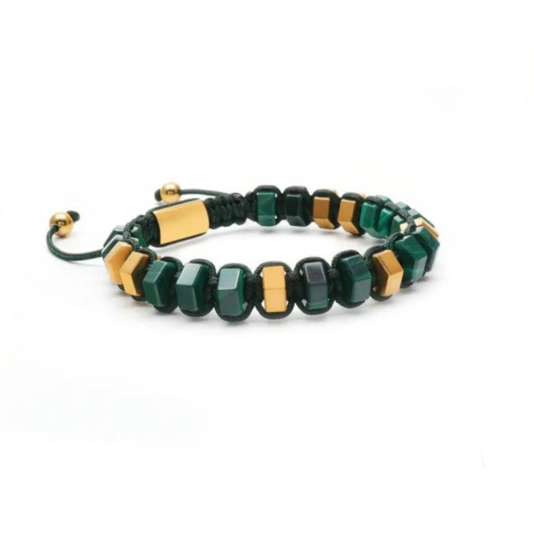 T.M.J HexaLuxe men's bracelet with green malachite and gold-tone hexagon beads, stylish beaded jewelry for men.
