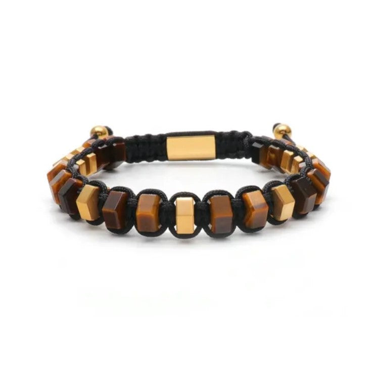 HexaLuxe men's bead bracelet featuring tiger eye and gold-tone hexagon beads, stylish accessory by T.M.J
