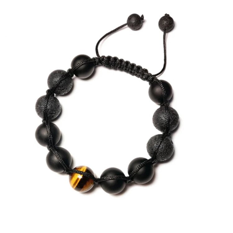 Corven Lava, black agate and tiger eye bead macrame bracelet by T.M.J, featuring polished stones and intricate knotted design.