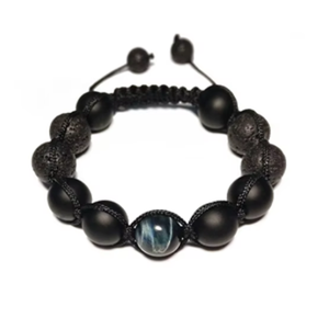 T.M.J Lava Agate and Tiger Eye beaded macramé bracelet with natural stone beads and intricate knot details.