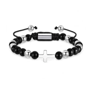 Sentinel Onyx beaded cross bracelet by T.M.J featuring stainless steel beads and a cross charm.
