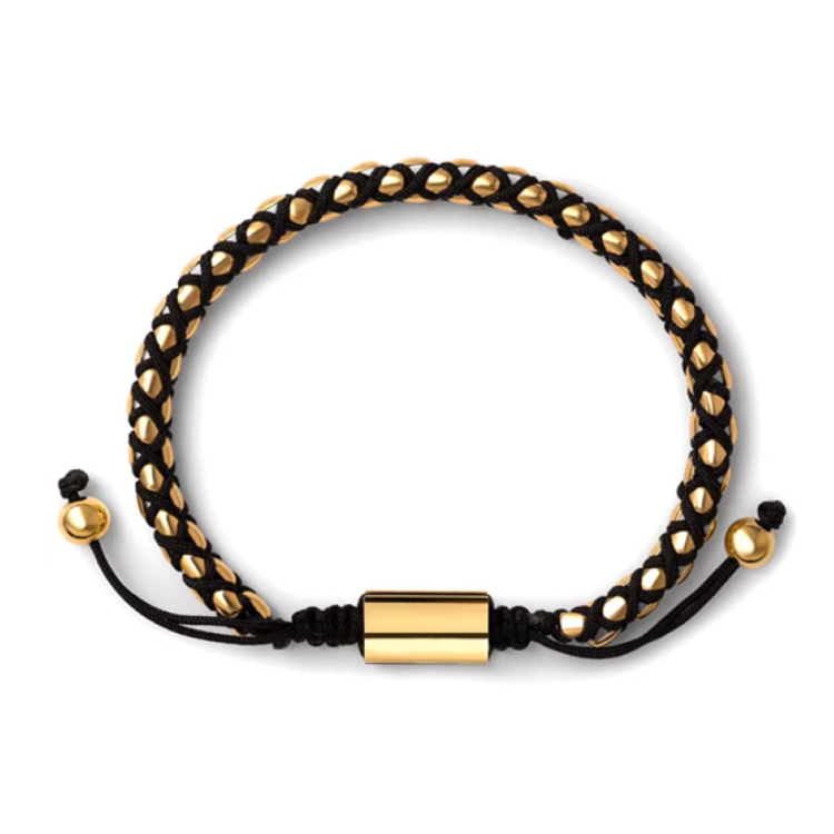 Crimson Weave SteelLink bracelet with braided black cord, T.M.J bead bracelet featuring gold-tone accents and intricate woven design.
