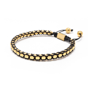 Crimson Weave SteelLink bracelet with bead accents and braided black cord, stylish jewelry by T.M.J.