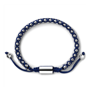 Crimson Weave SteelLink bead bracelet with braided blue cord from T.M.J, featuring metallic beads and woven cord detail.