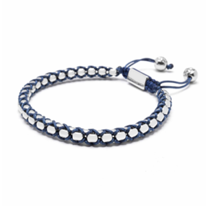 Crimson Weave SteelLink bracelet with braided blue cord, T.M.J bead bracelet featuring metallic and woven design elements.