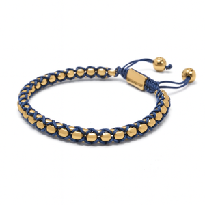 Crimson Weave SteelLink bead bracelet by T.M.J featuring braided blue cord and gold-toned steel links.