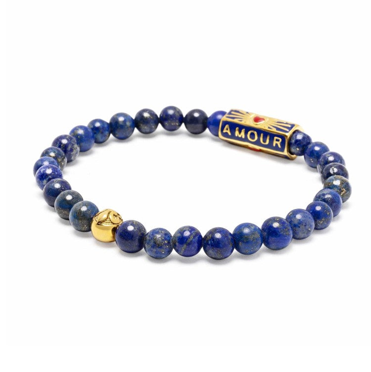 T.M.J Blue Lapis Lazuli bead bracelet with 6mm beads, featuring the Amour "Love" design, 17cm length, stylish jewelry accessory.
