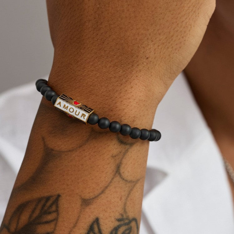 T.M.J Amour "Love" evil eye black onyx bead bracelet, 17cm, 6mm beads, stylish jewelry accessory