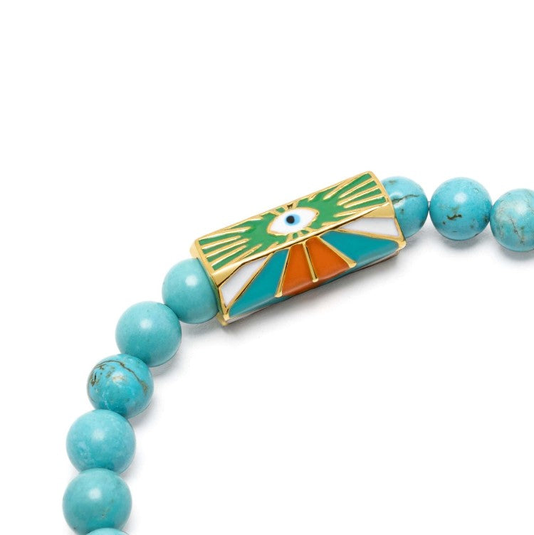 Turquoise evil eye bead bracelet by T.M.J, featuring protective amour love symbols on 6mm beads, 17cm length.