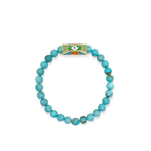 T.M.J Bead Bracelet with turquoise evil eye protector and "Love" charm, 6mm beads, 17cm length, stylish jewelry accessory.