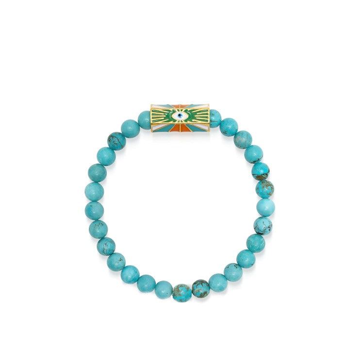 T.M.J Bead Bracelet with turquoise evil eye protector and "Love" charm, 6mm beads, 17cm length, stylish jewelry accessory.