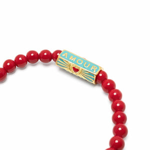 T.M.J Red Chalcedony Jasper bead bracelet with 6mm beads, featuring "Love" charm on a 17cm stretch bracelet.