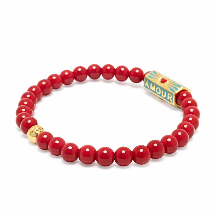 T.M.J red chalcedony jasper bead bracelet with 6mm round beads, titled "Love" from the Amour collection, on a white background.