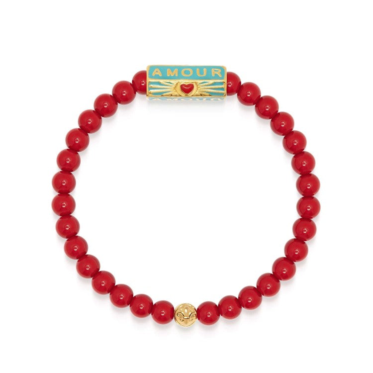 Red Chalcedony Jasper bead bracelet by T.M.J, featuring 6mm beads on a 17cm stretch bracelet with "Love" theme.