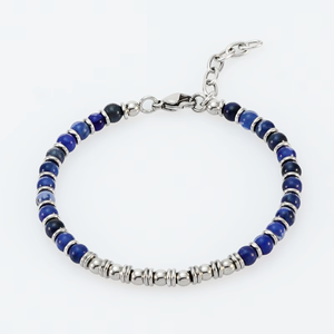 Men’s blue tiger eye bead bracelet with stainless steel accents, featuring natural stone beads and stylish design.