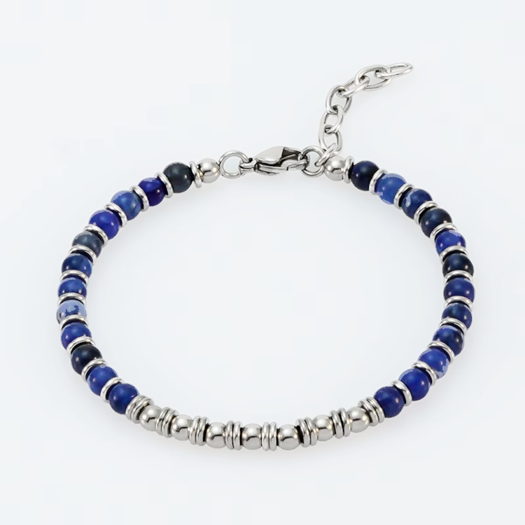Men’s blue tiger eye bead bracelet with stainless steel accents, featuring natural stone beads and stylish design.