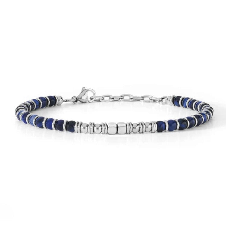 Men's blue tiger eye bead bracelet with stainless steel accents, featuring natural tiger eye stones and stylish design.