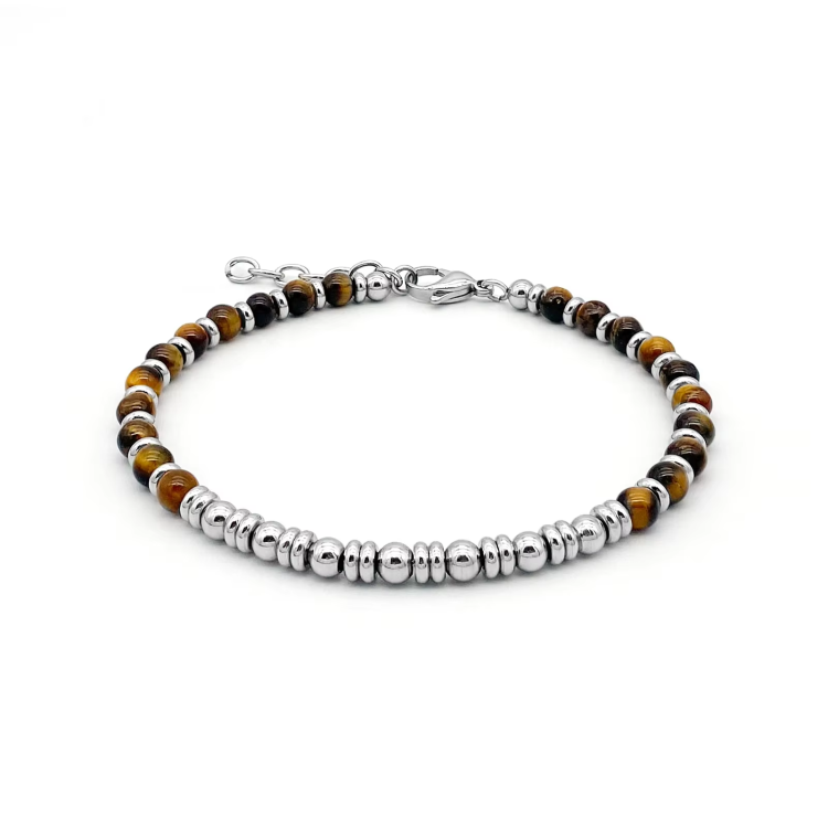 Men’s natural stone beaded bracelet with stainless steel accents, featuring tiger eye beads and stylish design.