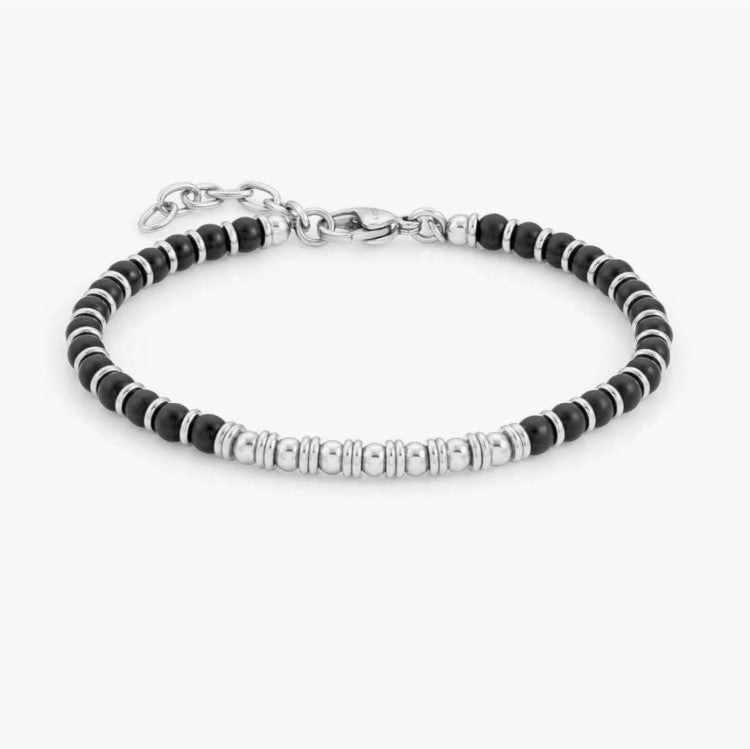 Men’s natural stone beaded bracelet with stainless steel accents, featuring tiger eye beads and stylish design.