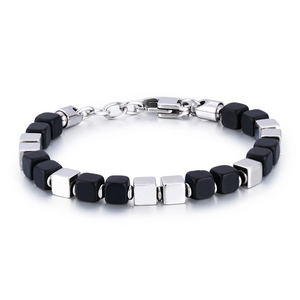 T.M.J bead bracelet with tiger eye, matte onyx, sodalite, and stainless steel beads, showcasing a stylish layered design.