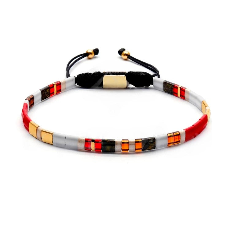 T.M.J Tila Link Macrame Bracelet with white gold Miyuki Tila beads, featuring intricate beadwork and adjustable knot closure.