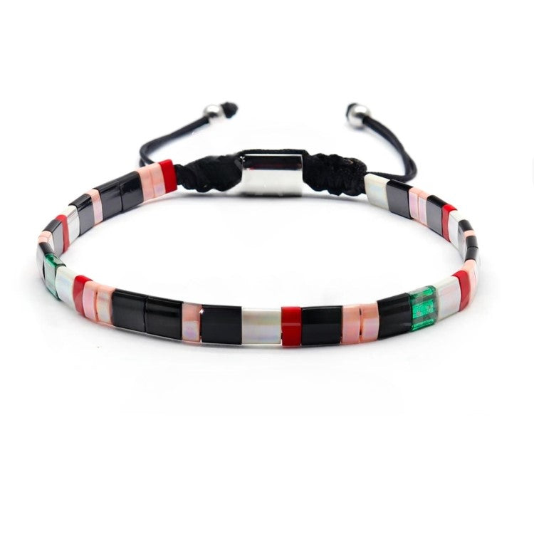 Tila Link Macrame Bracelet by T.M.J featuring white gold Miyuki Tila beads and intricate macrame design.