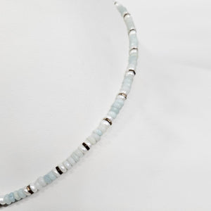 Mini beaded necklace with pearls and aquamarine jasper beads by T.M.J, showcasing a delicate 45cm jewelry piece.