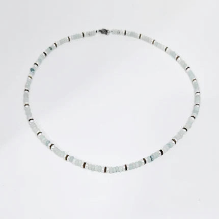 Mini beaded necklace by T.M.J with pearls and aquamarine jasper beads, measuring 45cm, showcasing a delicate, elegant design.