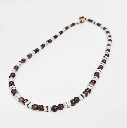 Mini beaded necklace by T.M.J featuring pearls and lapidolite stones, 45cm length, with delicate bead details and elegant design.
