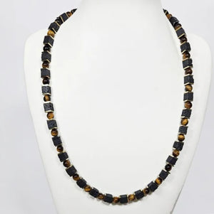 T.M.J lava and tiger eye beaded necklace, 50cm length with natural stone beads, stylish jewelry accessory