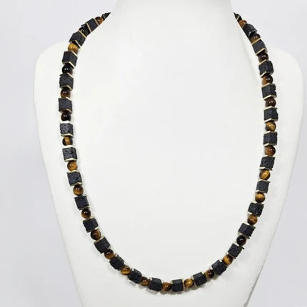 T.M.J lava and tiger eye beaded necklace, 50cm length with natural stone beads, stylish jewelry accessory