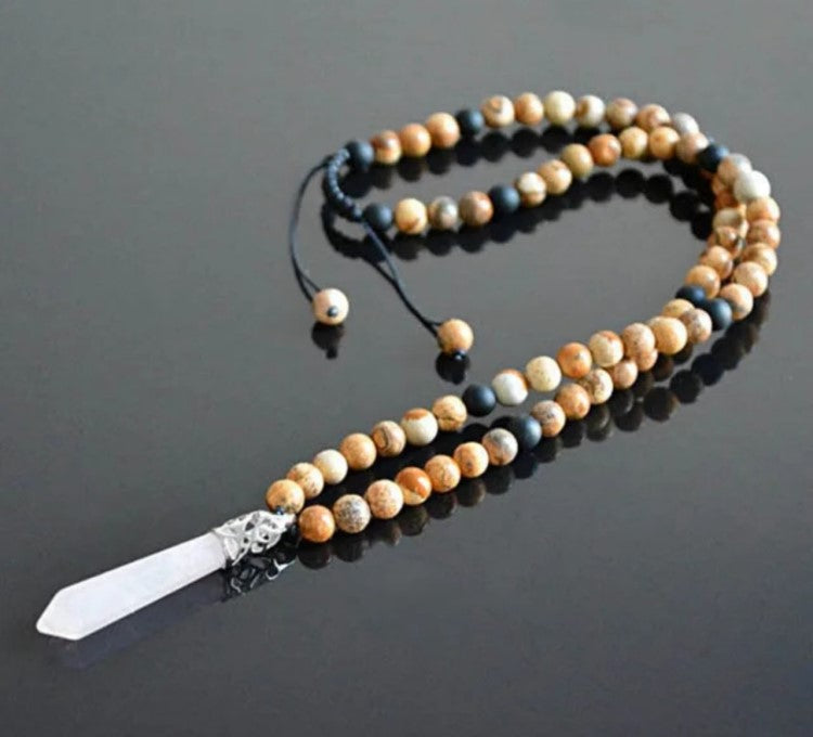 Black onyx and tiger eye stone beaded necklace by T.M.J featuring healing point pendant for men.