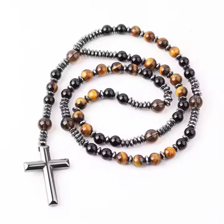 Assorted stone cross beaded rosary necklace in black onyx with 6mm beads, crafted by T.M.J, featuring a detailed stone cross pendant.