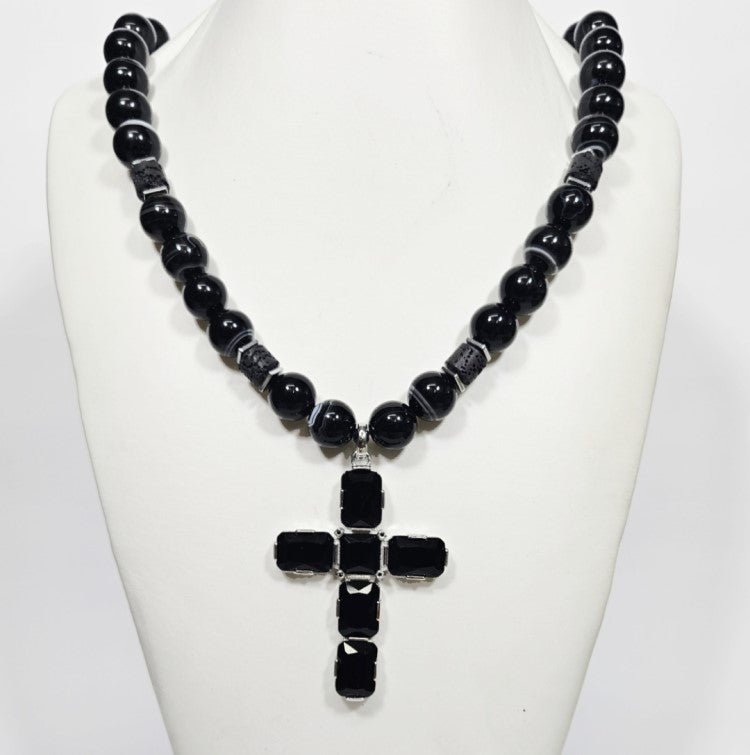 Large silver cross pendant with Austrian crystals on a Botswana Agate beaded necklace by T.M.J.