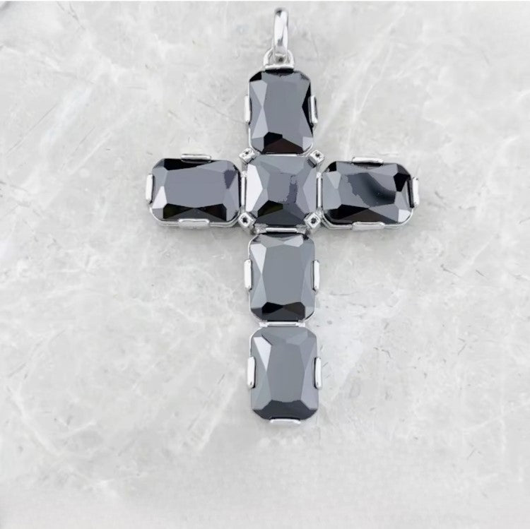 Large silver cross pendant with Austrian crystals on Botswana agate beaded necklace by T.M.J.