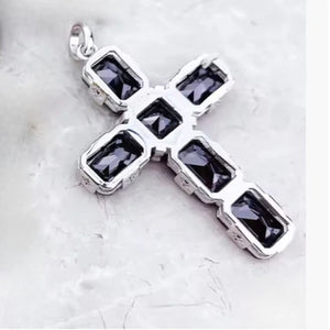 Large silver cross beaded necklace by T.M.J with Austrian crystals on Botswana Agate gemstone, detailed pendant visible.