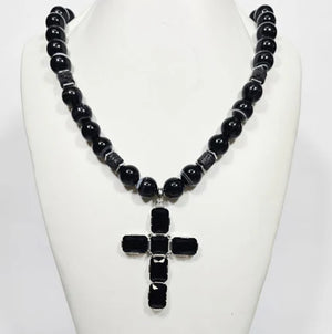 Large silver cross pendant with Austrian crystals on a Botswana Agate beaded necklace by T.M.J.