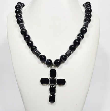 Large silver cross pendant with Austrian crystals on a Botswana Agate beaded necklace by T.M.J.