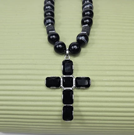 Large silver cross beaded necklace with Austrian crystals on Botswana agate, by T.M.J.