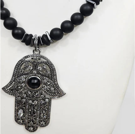 Large silver Hand of Hemsa pendant on Austrian crystal strand with matte onyx beads beaded necklace by T.M.J.