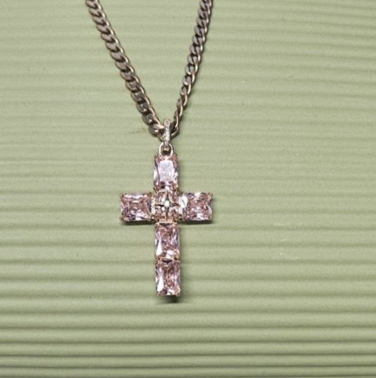 Silver and rose gold-plated beaded cross necklace by T.M.J with pink Austrian crystals and intricate pendant detail.