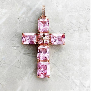 Silver and rose gold-plated beaded cross necklace with pink Austrian crystals by T.M.J, featuring detailed pendant design.