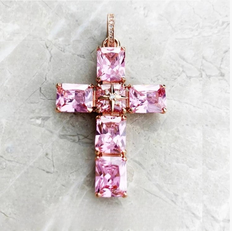 Silver and rose gold-plated beaded cross necklace with pink Austrian crystals by T.M.J, featuring detailed pendant design.