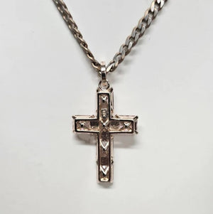 Serah silver and rose gold-plated beaded cross necklace with pink Austrian crystals by T.M.J, featuring delicate beaded design and pendant.