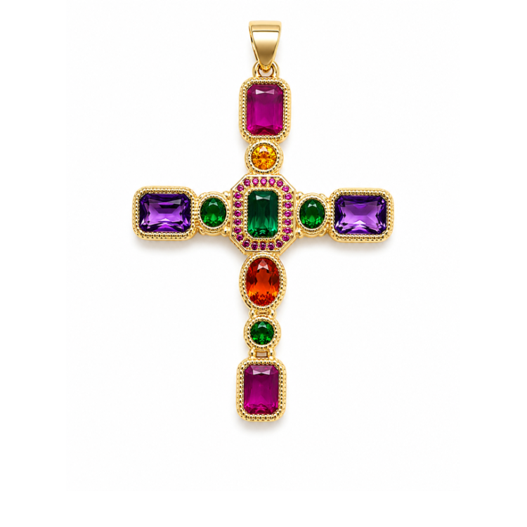 Silver and gold plated beaded necklace with a cross pendant, featuring coloured cubic zirconia and 6mm Lepidolite beads.
